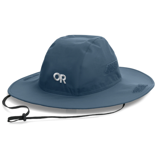 Navy blue colored rain hat featuring an Outdoor Research logo on it against a white background. 