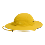 A bright yellow wide-brim sun hat with a matching chin strap and a subtle embossed 'OR' logo on the front, shown against a plain white background.