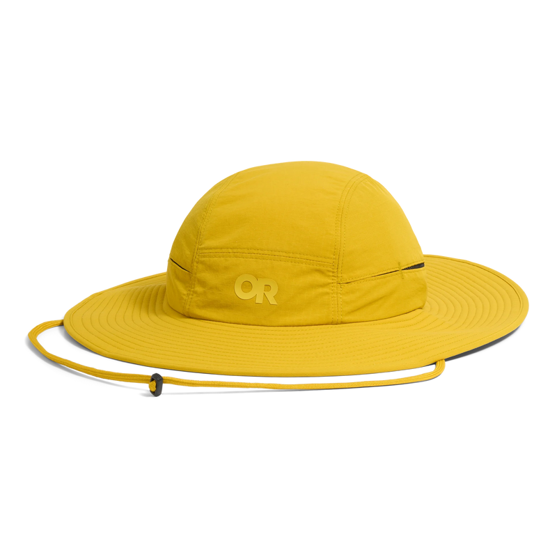 A bright yellow wide-brim sun hat with a matching chin strap and a subtle embossed 'OR' logo on the front, shown against a plain white background.