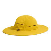 A bright yellow wide-brimmed sun hat with a high crown and a small black zipper detail on the front, shown against a plain white background.