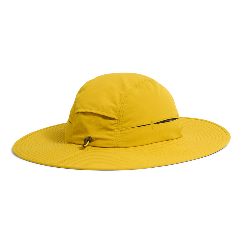 A bright yellow wide-brimmed sun hat with a high crown and a small black zipper detail on the front, shown against a plain white background.