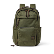 Front view of an olive colored backpack with many compartments against a white background. 