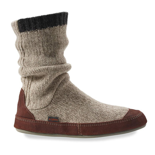 A white slipper sock with a brown bottom on a white background