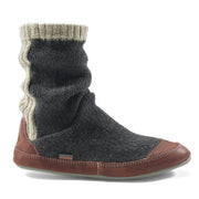 A blue and white slipper sock with a brown bottom on a white background