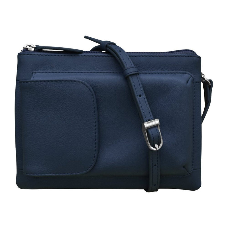 Navy colored phone bag with straps against a white background. 