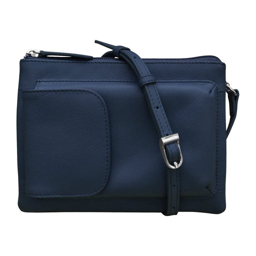 Navy colored phone bag with straps against a white background. 