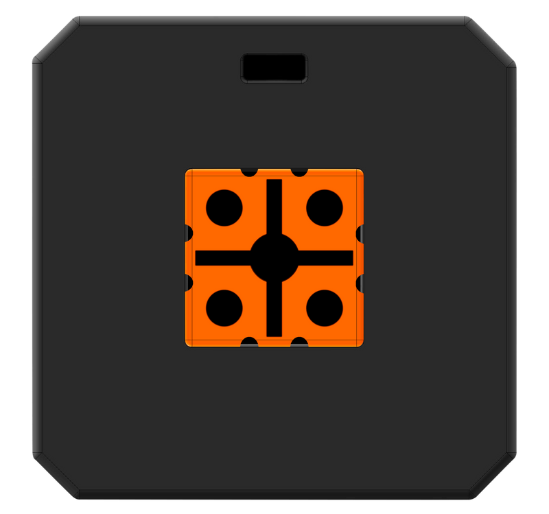 Black square target surrounding an orange and black center against a white background.