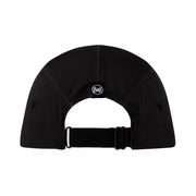 The back view of a black baseball cap with an adjustable strap and a small circular black patch featuring the white 'Buff' logo, shown on a solid white background.