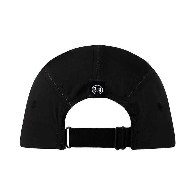 The back view of a black baseball cap with an adjustable strap and a small circular black patch featuring the white 'Buff' logo, shown on a solid white background.