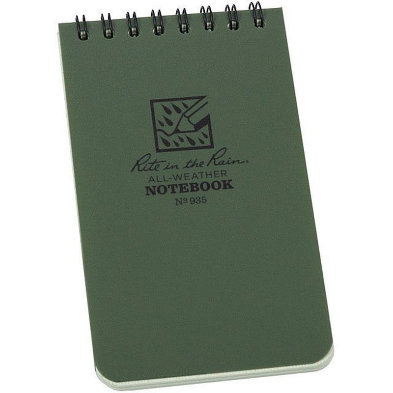 A dark green all-weather spiral notebook with black metal wire binding, featuring the printed text 'Rite in the Rain ALL-WEATHER NOTEBOOK No 935' on the cover, shown against a plain white background.