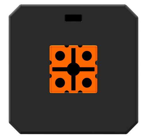 Black square target surrounding an orange and black center against a white background.