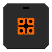 A square black target with a central orange square insert featuring a black cross and four circular cutouts, shown on a plain white background.