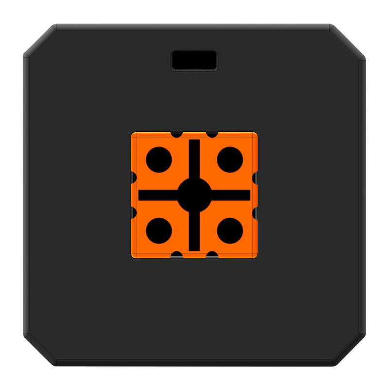 A square black target with a central orange square insert featuring a black cross and four circular cutouts, shown on a plain white background.