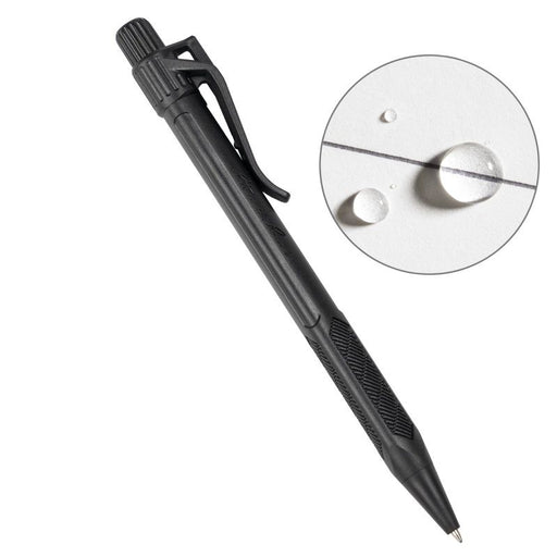 A black pen on a white background