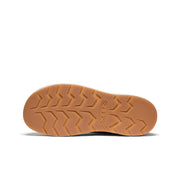 Brown sole of a shoe with a brand logo on a white background