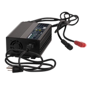 Black battery charger with cables on a white background.