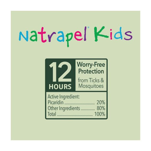 Natrapel Kids packaging with 12-hour protection claim on a light green background