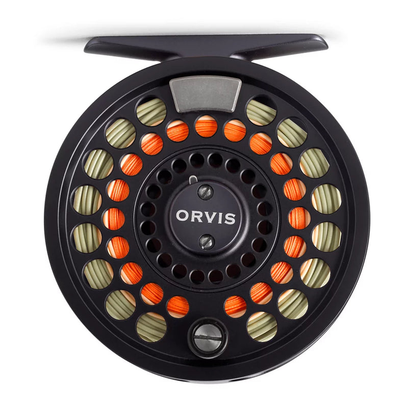 Black fishing reel with an Orvis logo on a white background.