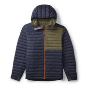 Two-tone puffer jacket with navy and green colors on a white background