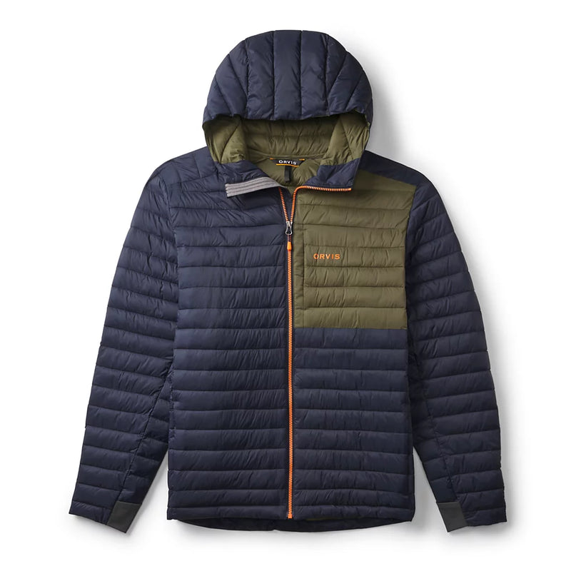 Two-tone puffer jacket with navy and green colors on a white background