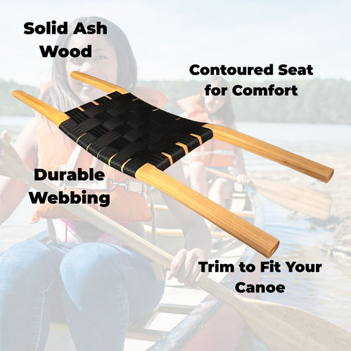 Tan canoe seat made of ash wood with black webbing in the center against a background of people in a canoe. 