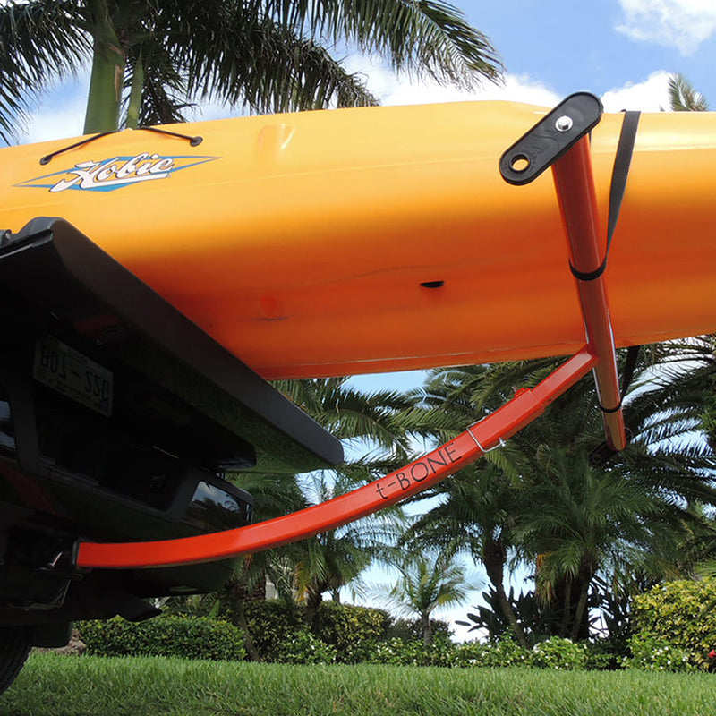Red extender for boat with palm trees and a clear sky in the background.