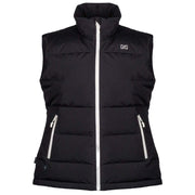 Black puffer vest with white zippers on a light gray background