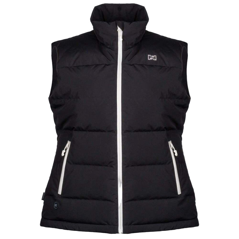 Black puffer vest with white zippers on a light gray background