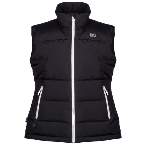 Black puffer vest with white zippers on a light gray background