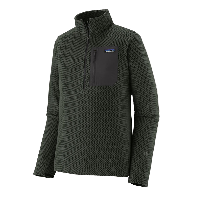 Dark green fleece pullover with a pocket on a light gray background