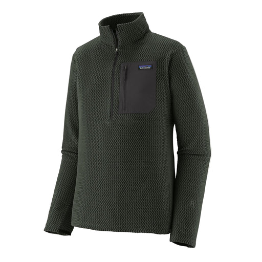 Dark green fleece pullover with a pocket on a light gray background