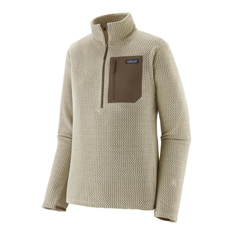 Beige fleece pullover with a brown pocket on a white background