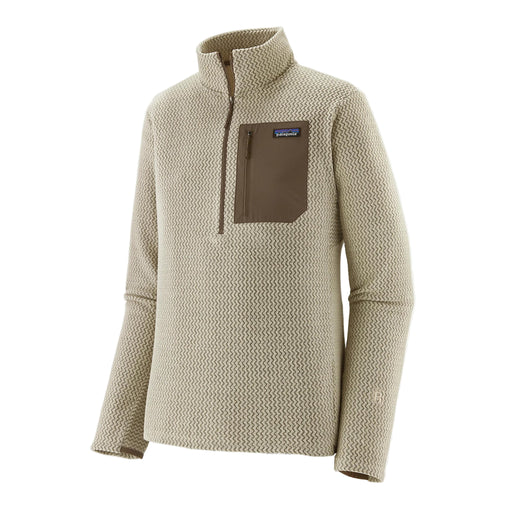 Beige fleece pullover with a brown pocket on a white background