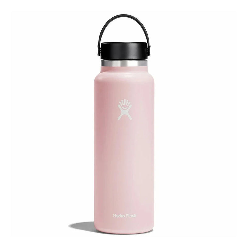 A pink Hydro Flask insulated water bottle with a black lid and carry loop, shown on a clean white background.