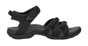 Black sandals with multiple straps on a white background