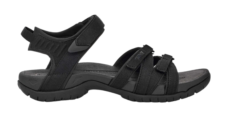 Black sandals with multiple straps on a white background