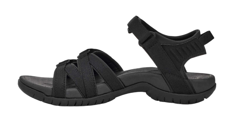 Black sandal with multiple straps on a white background