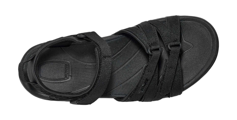 Black sandal with multiple straps on a white background