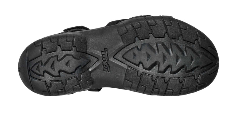 Black sandal with a textured sole on a white background