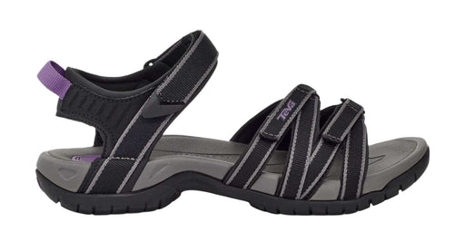Black and gray sandals with purple accents on a white background