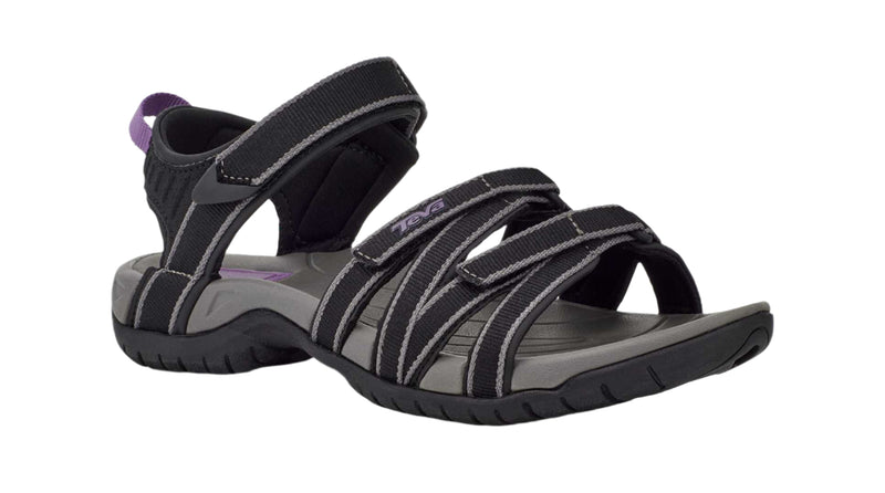 Black and gray sandal with purple accents on a white background