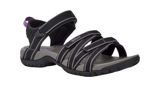 Black and gray sandal with purple accents on a white background