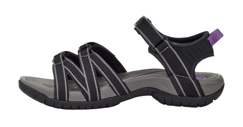 Black sandal with gray straps on a white background