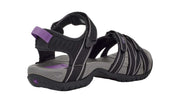 Black and gray sandal with purple accents on a white background