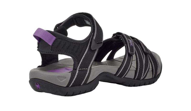 Black and gray sandal with purple accents on a white background
