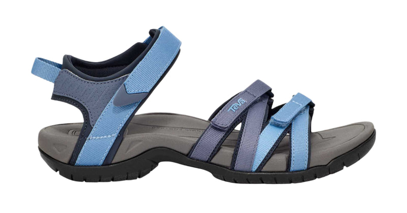 Pair of blue and gray sandals on a white background