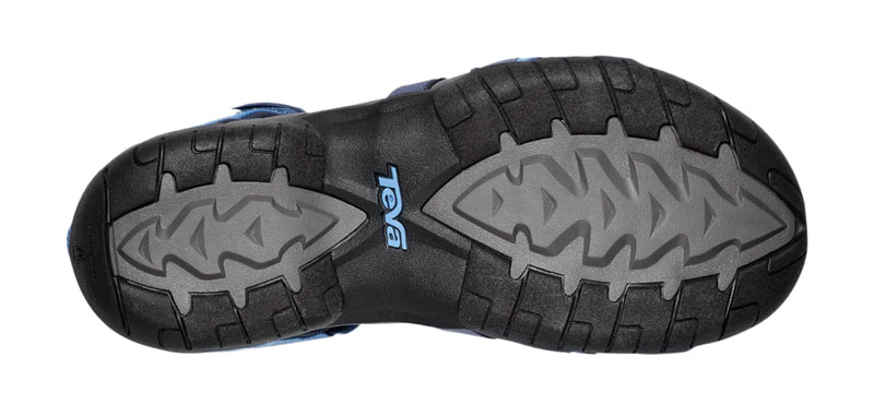 Black and blue sandal with a textured sole on a white background