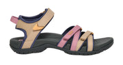 Multicolored sandal with pink, beige, and black straps on a white background