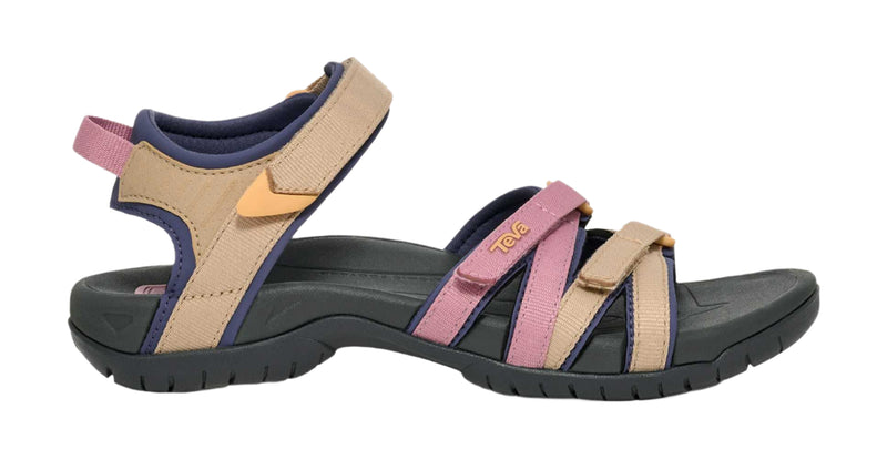 Multicolored sandal with pink, beige, and black straps on a white background