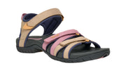 Multicolored sandal with pink, beige, and blue straps on a white background
